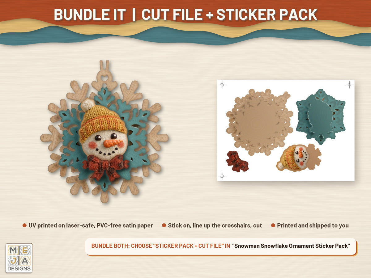Snowman Snowflake Ornament laser cut file: colored with its matching sticker pack