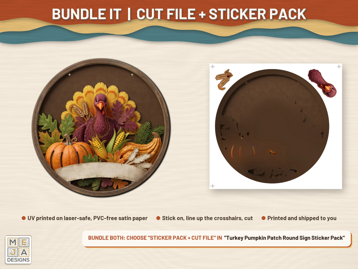 Turkey Pumpkin Patch Round Sign laser cut file: colored with its matching sticker pack