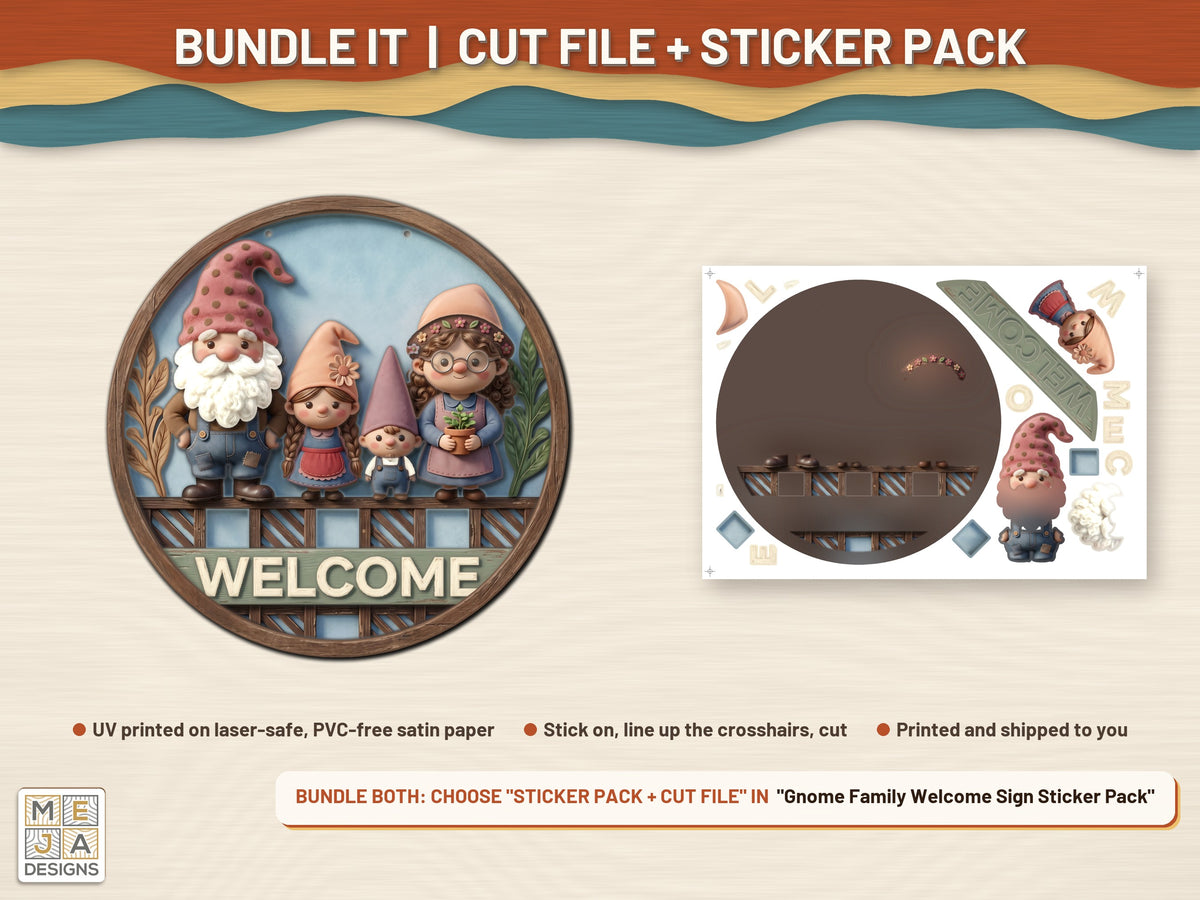 Gnome Family Welcome Sign laser cut file: colored with its matching sticker pack