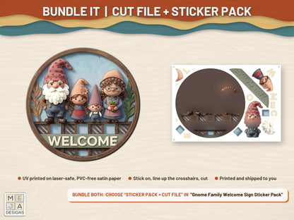Gnome Family Welcome Sign laser cut file: colored with its matching sticker pack