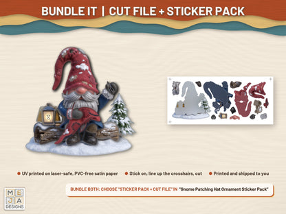 Gnome Patching Hat Ornament laser cut file: colored with its matching sticker pack