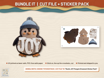 Rustic JOY Penguin Ornament laser cut file: colored with its matching sticker pack