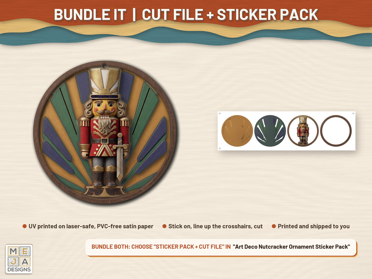 Art Deco Nutcracker Ornament laser cut file: colored with its matching sticker pack