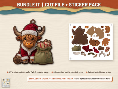 Santa Highland Cow Ornament laser cut file: colored with its matching sticker pack