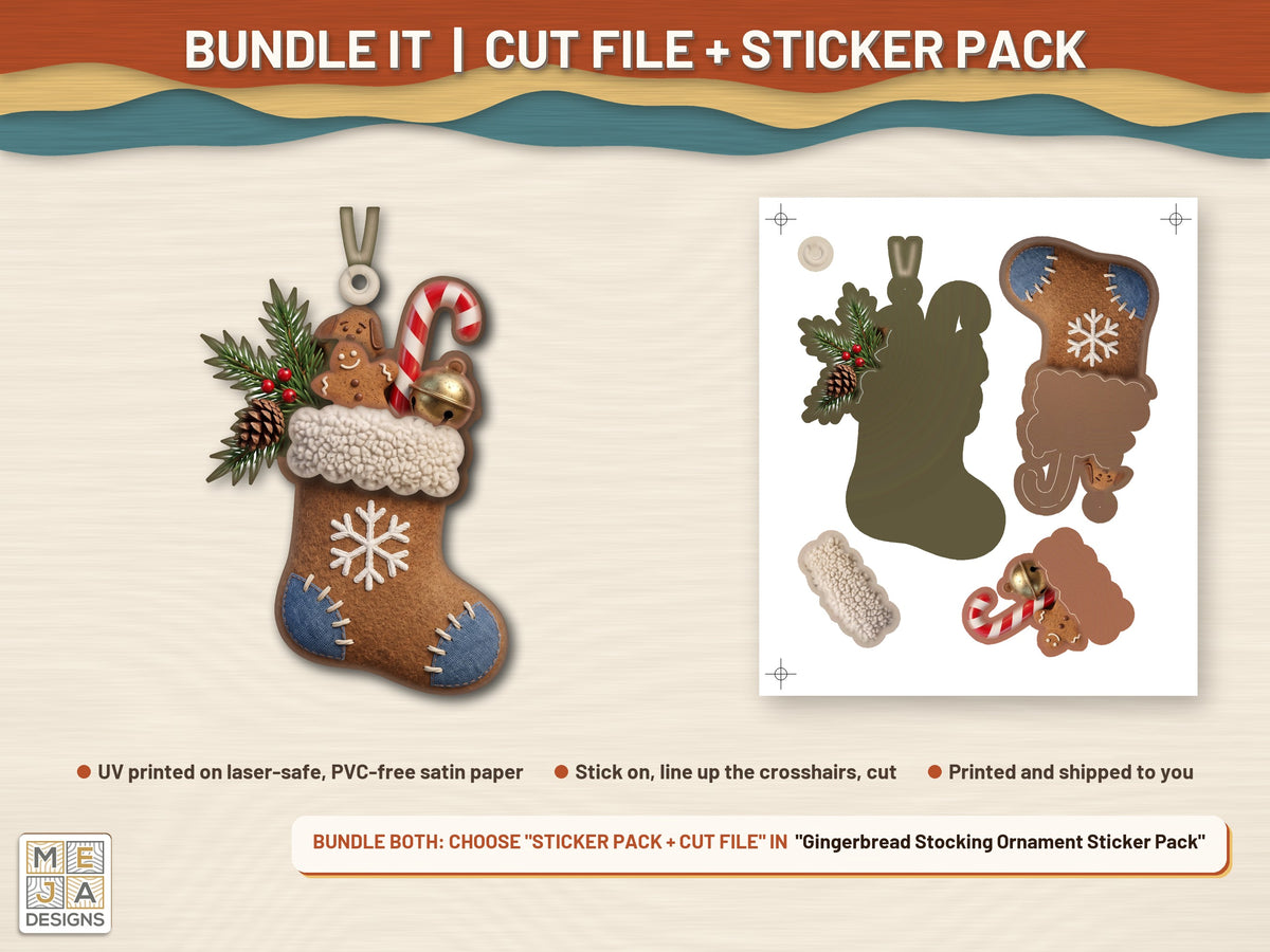Gingerbread Stocking Ornament laser cut file: colored with its matching sticker pack