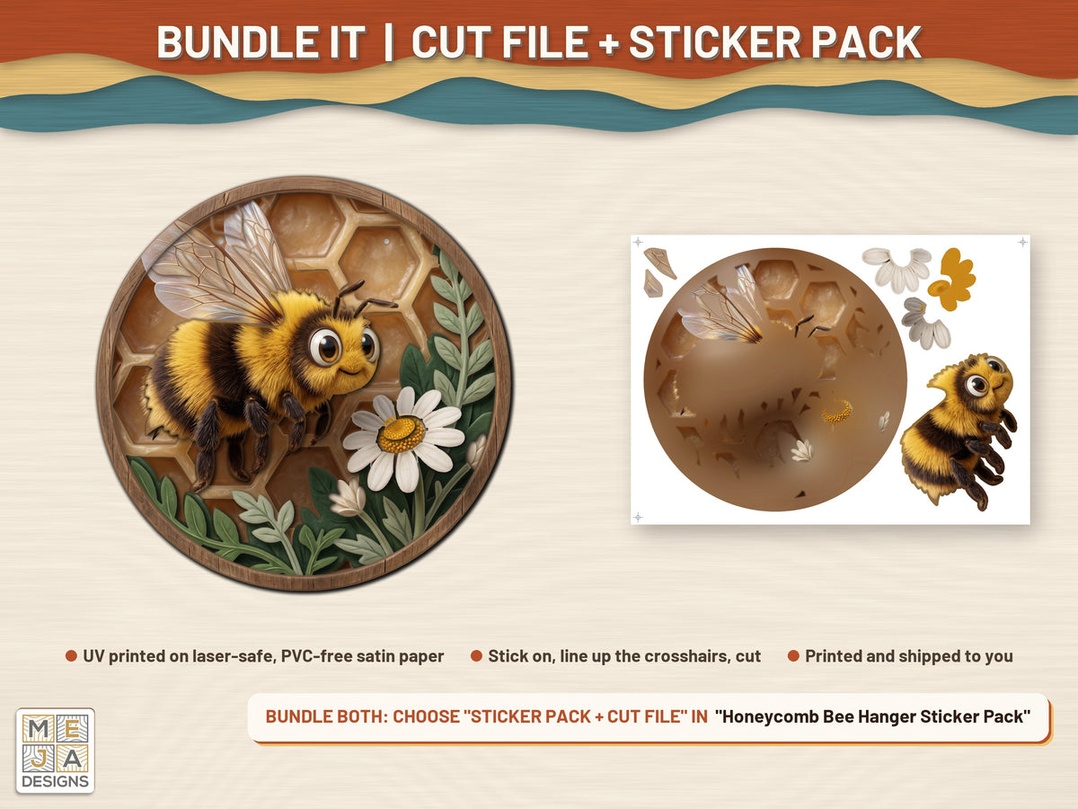 Honeycomb Bee Hanger laser cut file: colored with its matching sticker pack