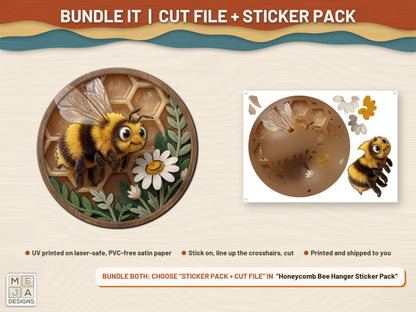 Honeycomb Bee Hanger laser cut file: colored with its matching sticker pack