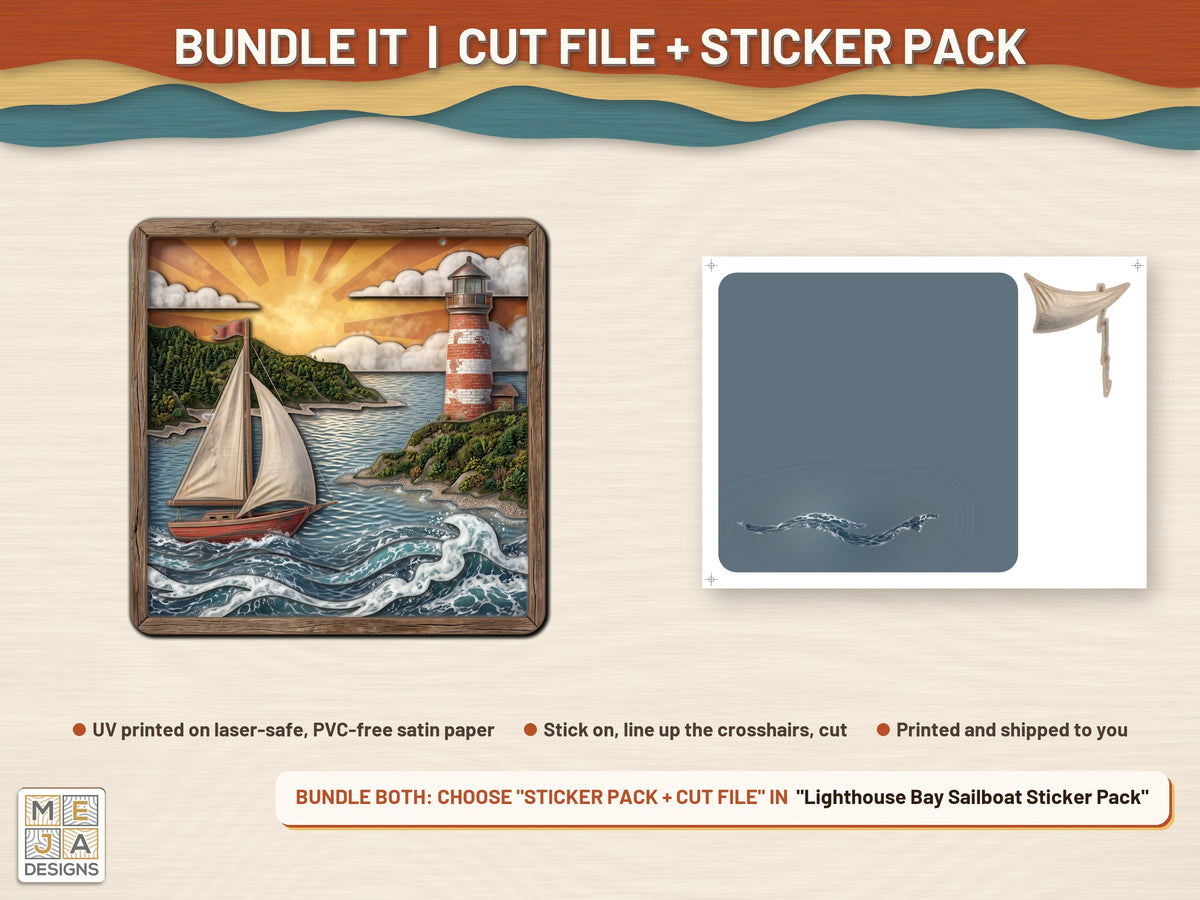 Lighthouse Bay Sailboat laser cut file: colored with its matching sticker pack