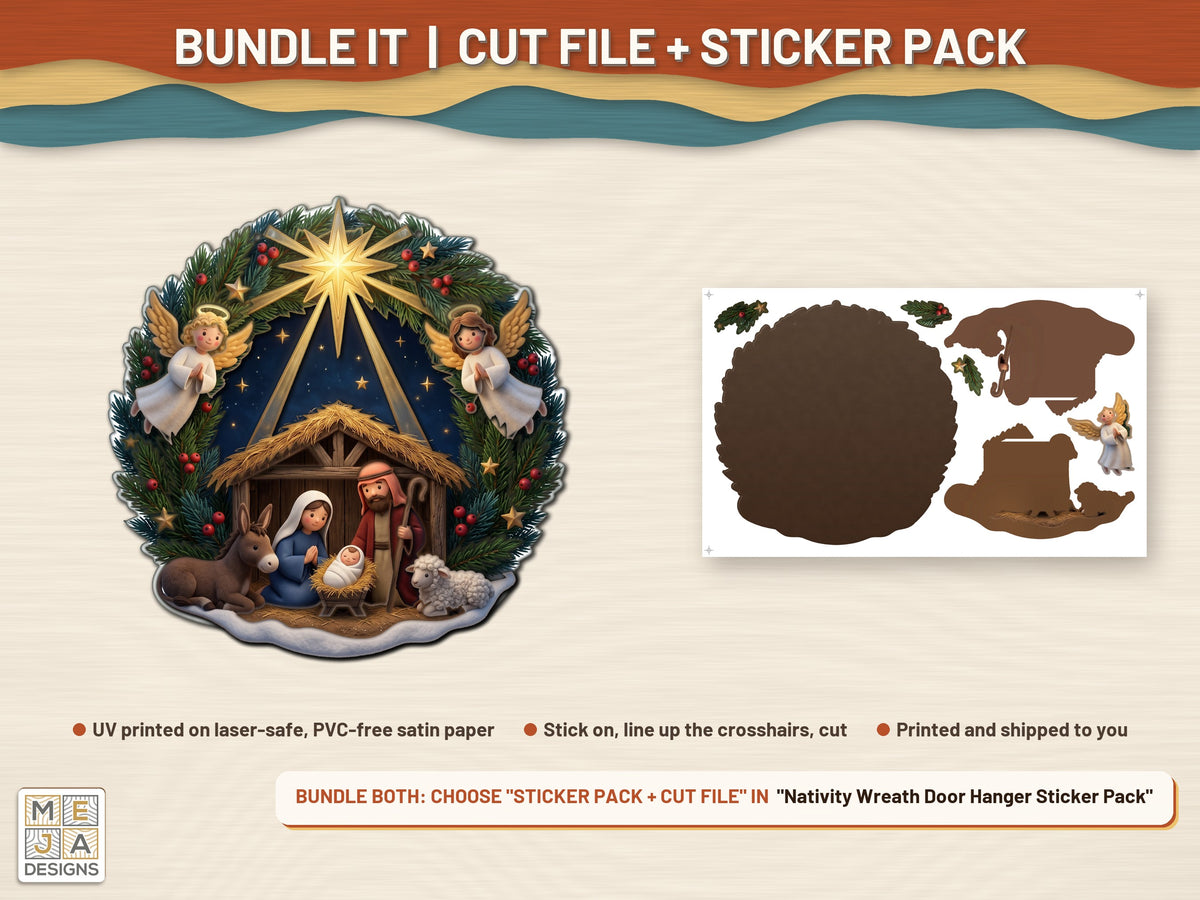 Nativity Wreath Door Hanger laser cut file: colored with its matching sticker pack