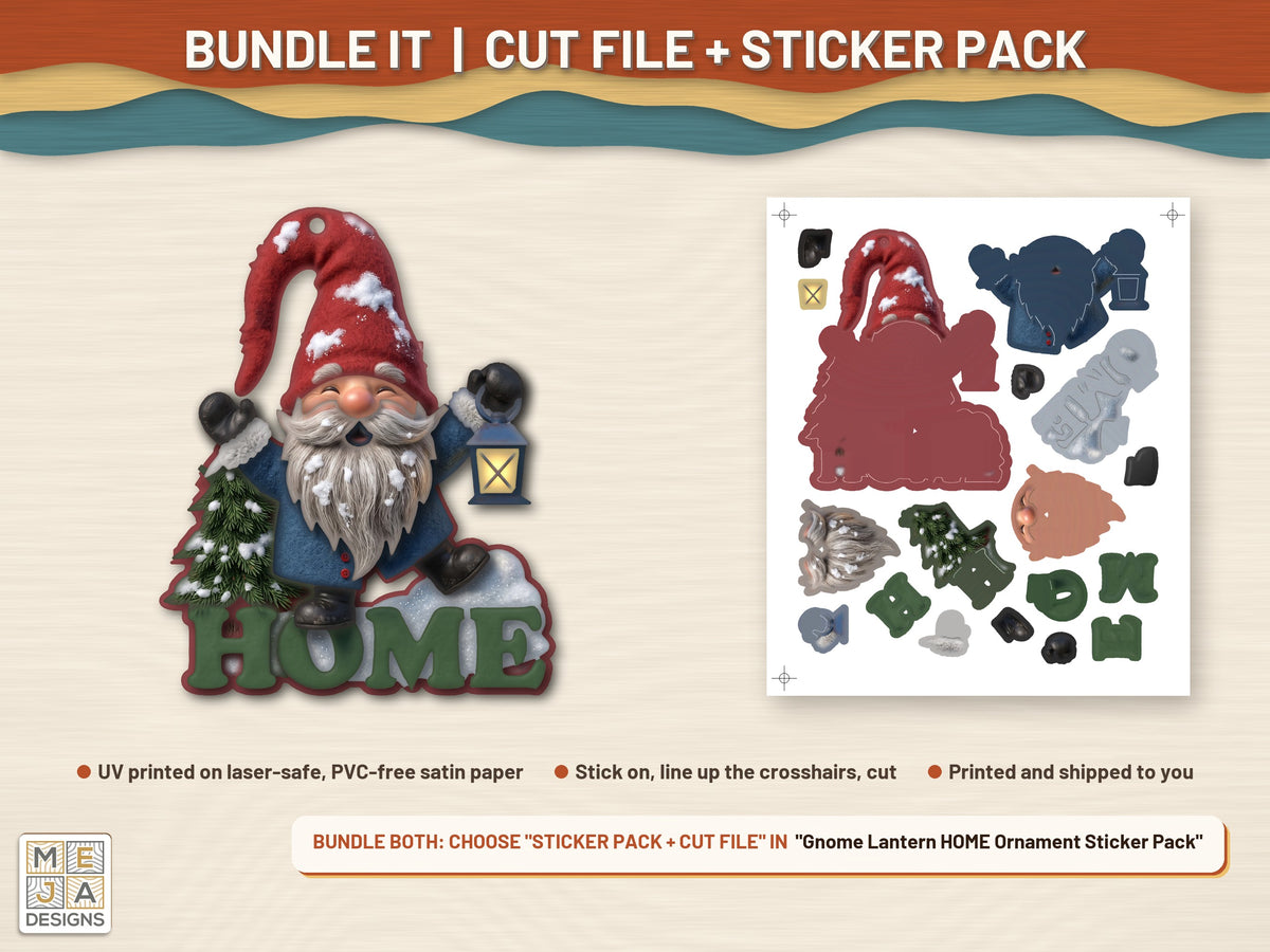 Gnome Lantern HOME Ornament laser cut file: colored with its matching sticker pack