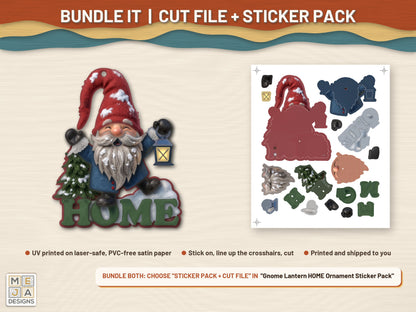 Gnome Lantern HOME Ornament laser cut file: colored with its matching sticker pack
