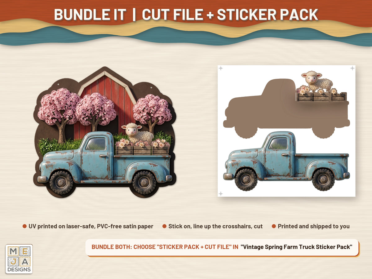 Vintage Spring Farm Truck laser cut file: colored with its matching sticker pack