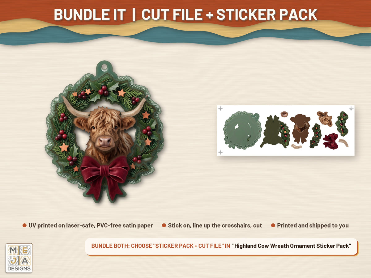 Highland Cow Wreath Ornament laser cut file: colored with its matching sticker pack