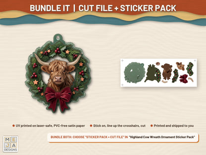 Highland Cow Wreath Ornament laser cut file: colored with its matching sticker pack