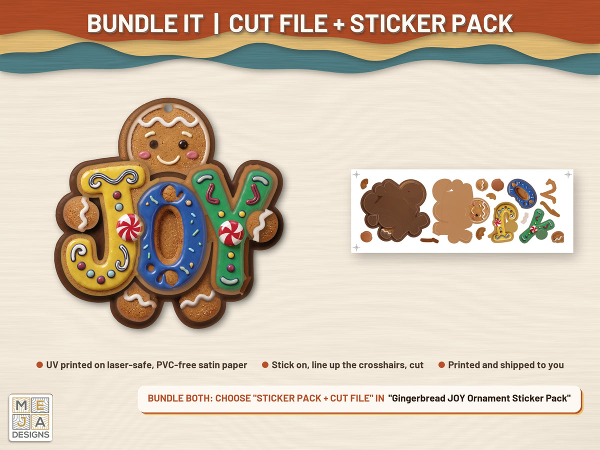 Gingerbread JOY Ornament laser cut file: colored with its matching sticker pack