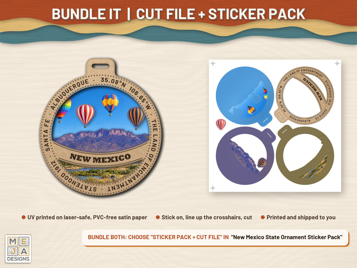 New Mexico State Ornament laser cut file: colored with its matching sticker pack