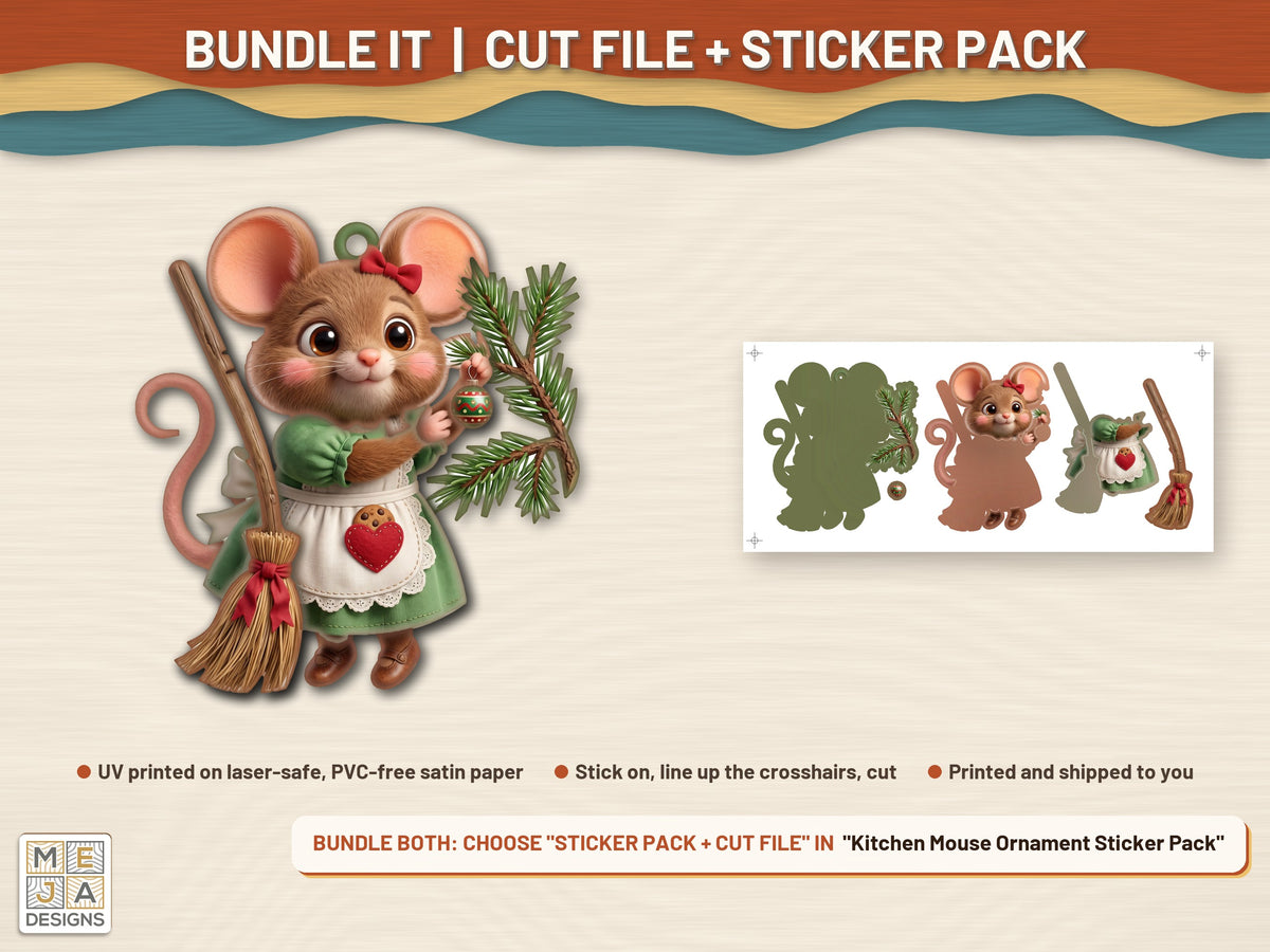 Kitchen Mouse Ornament laser cut file: colored with its matching sticker pack