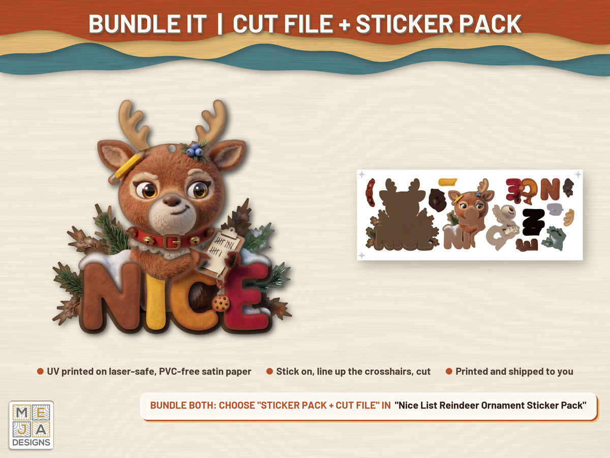 Nice List Reindeer Ornament laser cut file: colored with its matching sticker pack