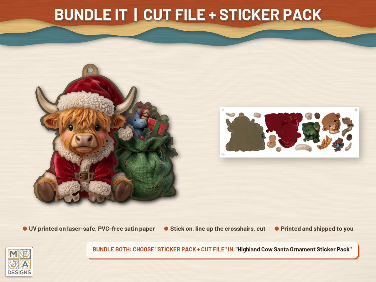 Highland Cow Santa Ornament laser cut file: colored with its matching sticker pack