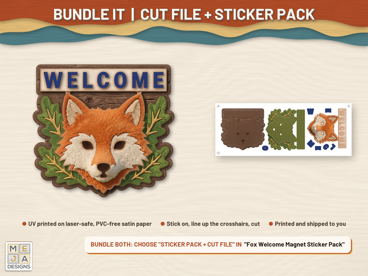 Fox Welcome Magnet laser cut file: colored with its matching sticker pack
