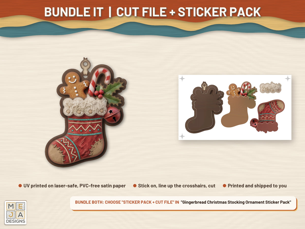 Gingerbread Christmas Stocking Ornament laser cut file: colored with its matching sticker pack