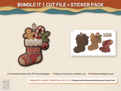 Gingerbread Christmas Stocking Ornament laser cut file: colored with its matching sticker pack