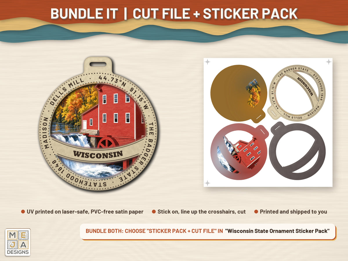 Wisconsin State Ornament laser cut file: colored with its matching sticker pack