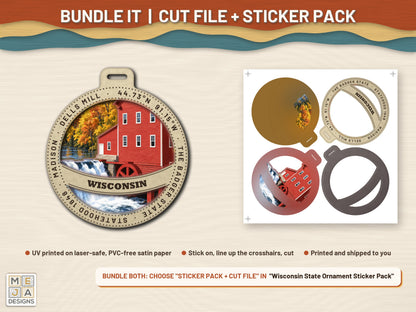 Wisconsin State Ornament laser cut file: colored with its matching sticker pack