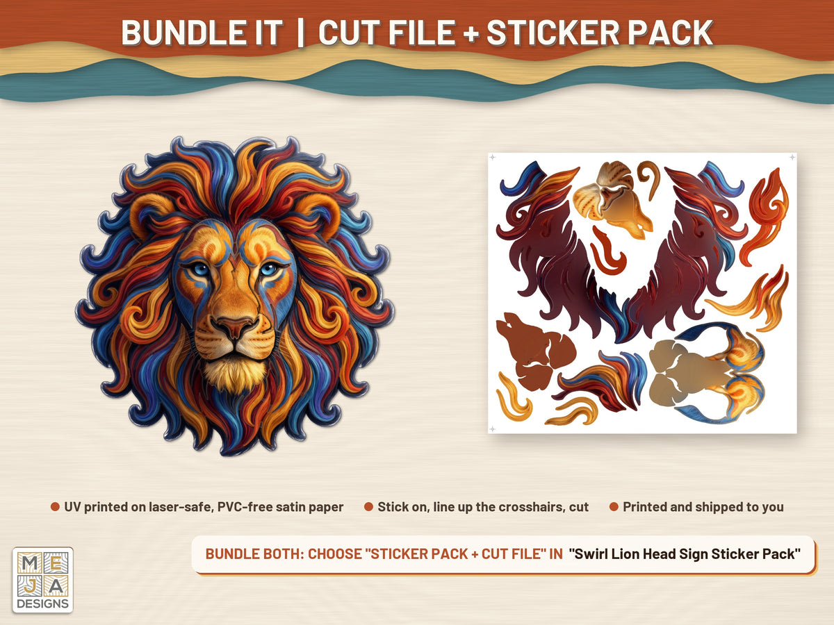Swirl Lion Head Sign laser cut file: colored with its matching sticker pack