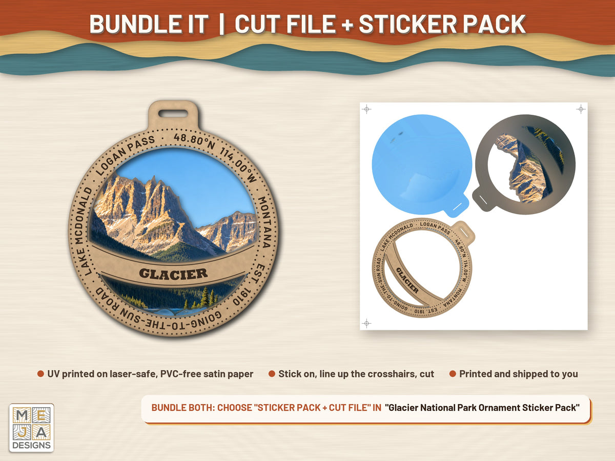 Glacier National Park Ornament laser cut file: colored with its matching sticker pack