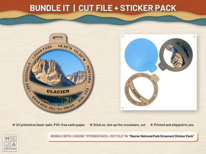 Glacier National Park Ornament laser cut file: colored with its matching sticker pack