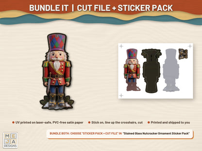 Stained Glass Nutcracker Ornament laser cut file: colored with its matching sticker pack