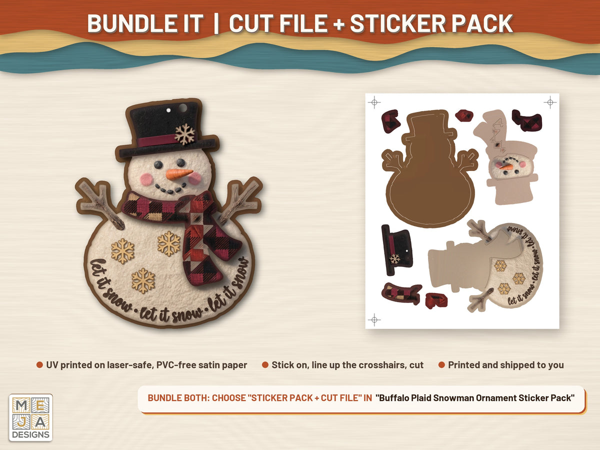 Buffalo Plaid Snowman Ornament laser cut file: colored with its matching sticker pack