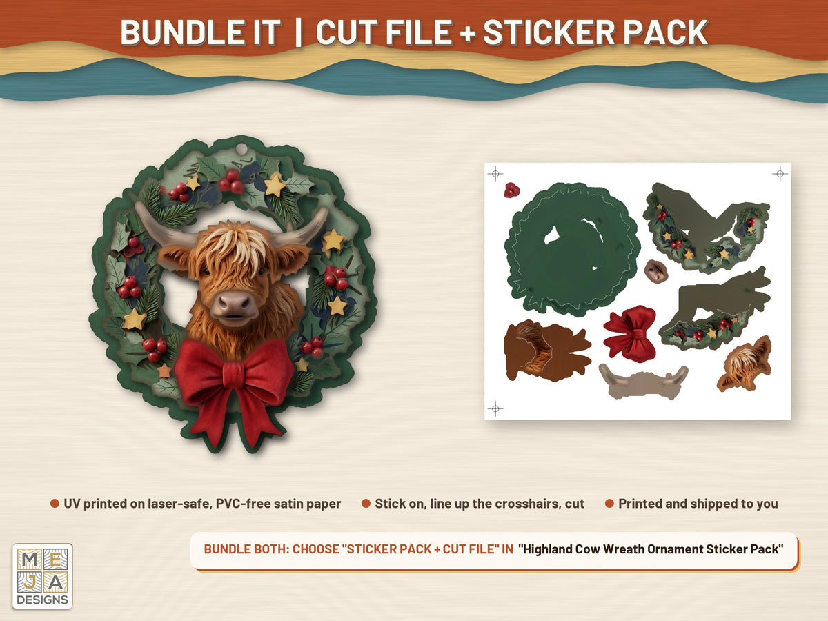 Highland Cow Wreath Ornament laser cut file: colored with its matching sticker pack