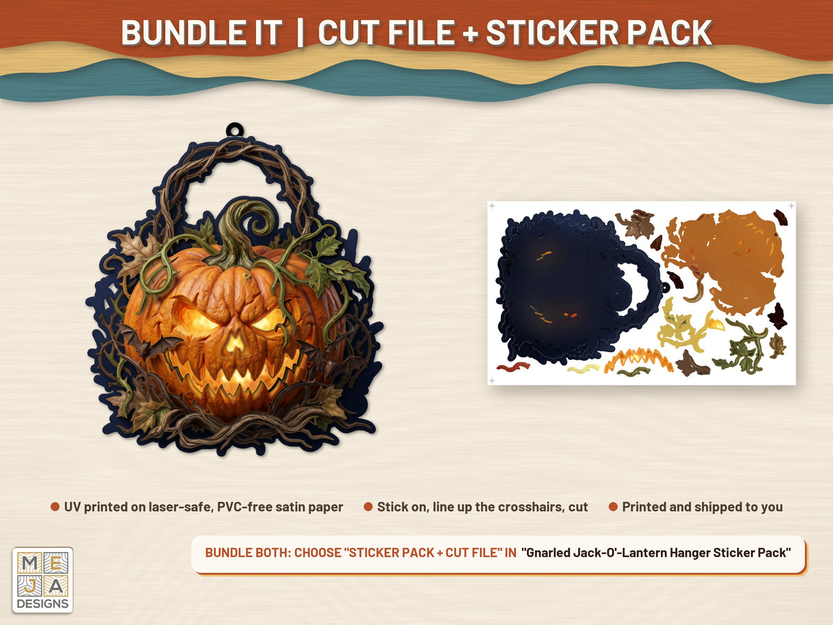 Gnarled Jack-O'-Lantern Hanger laser cut file: colored with its matching sticker pack