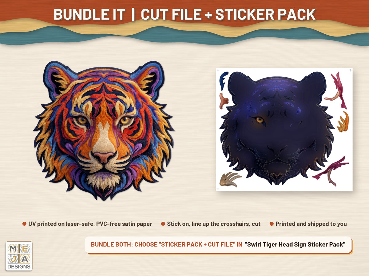 Swirl Tiger Head Sign laser cut file: colored with its matching sticker pack