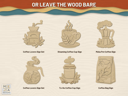 Coffee Lover's Layered Sign Set laser cut file: cut in bare wood, unpainted