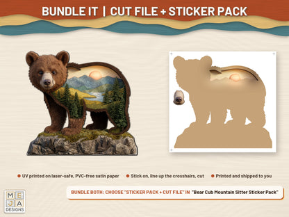 Bear Cub Mountain Sitter laser cut file: colored with its matching sticker pack
