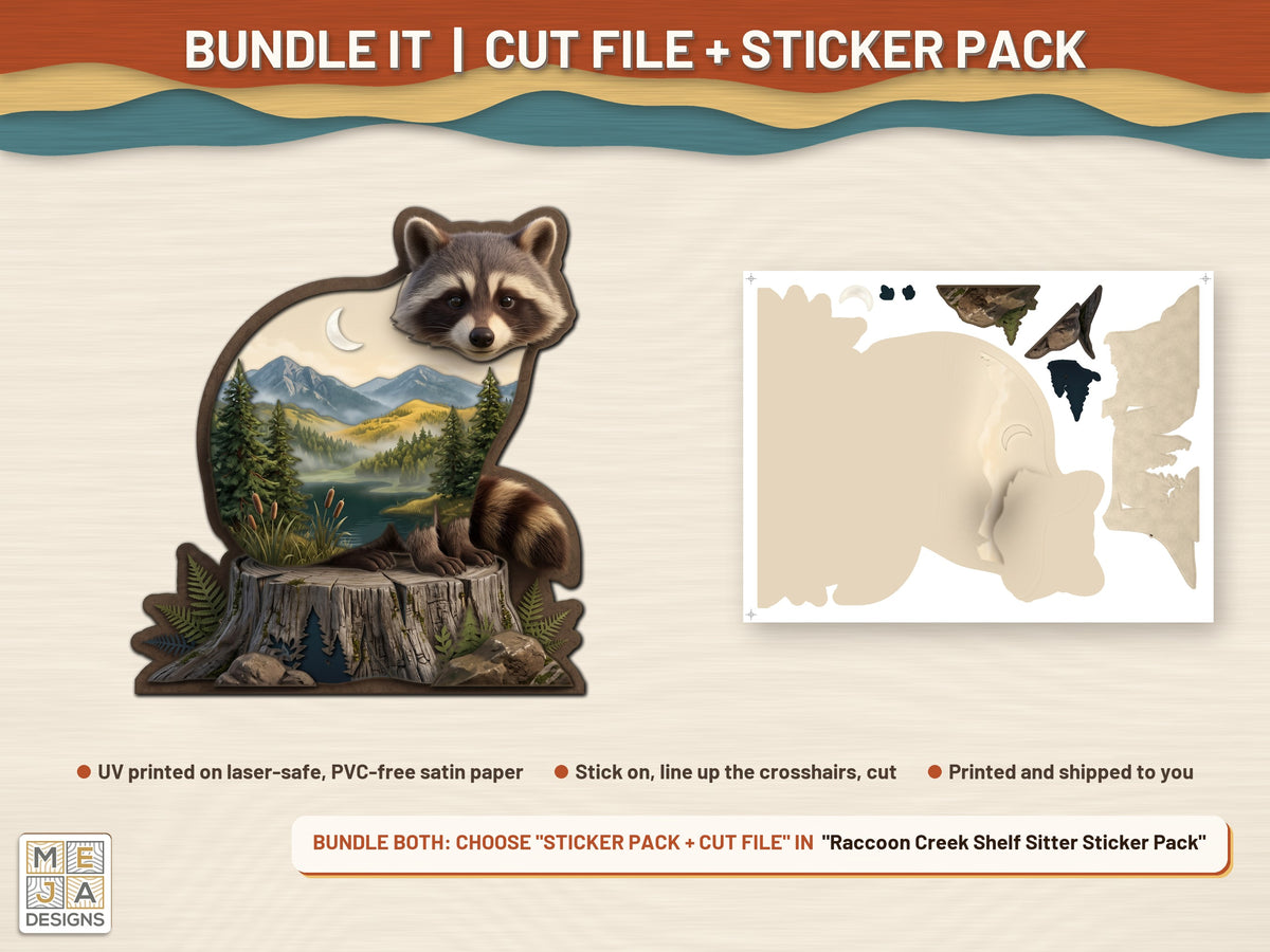 Raccoon Creek Shelf Sitter laser cut file: colored with its matching sticker pack