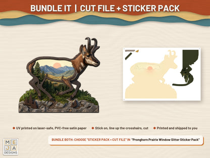 Pronghorn Prairie Window Sitter laser cut file: colored with its matching sticker pack