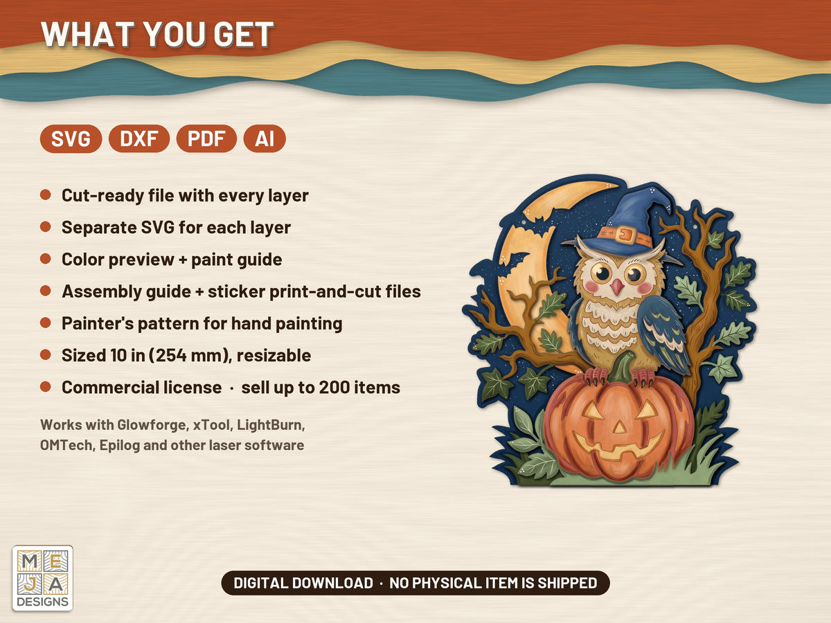 Witch Hat Owl Pumpkin laser cut file: what the download holds
