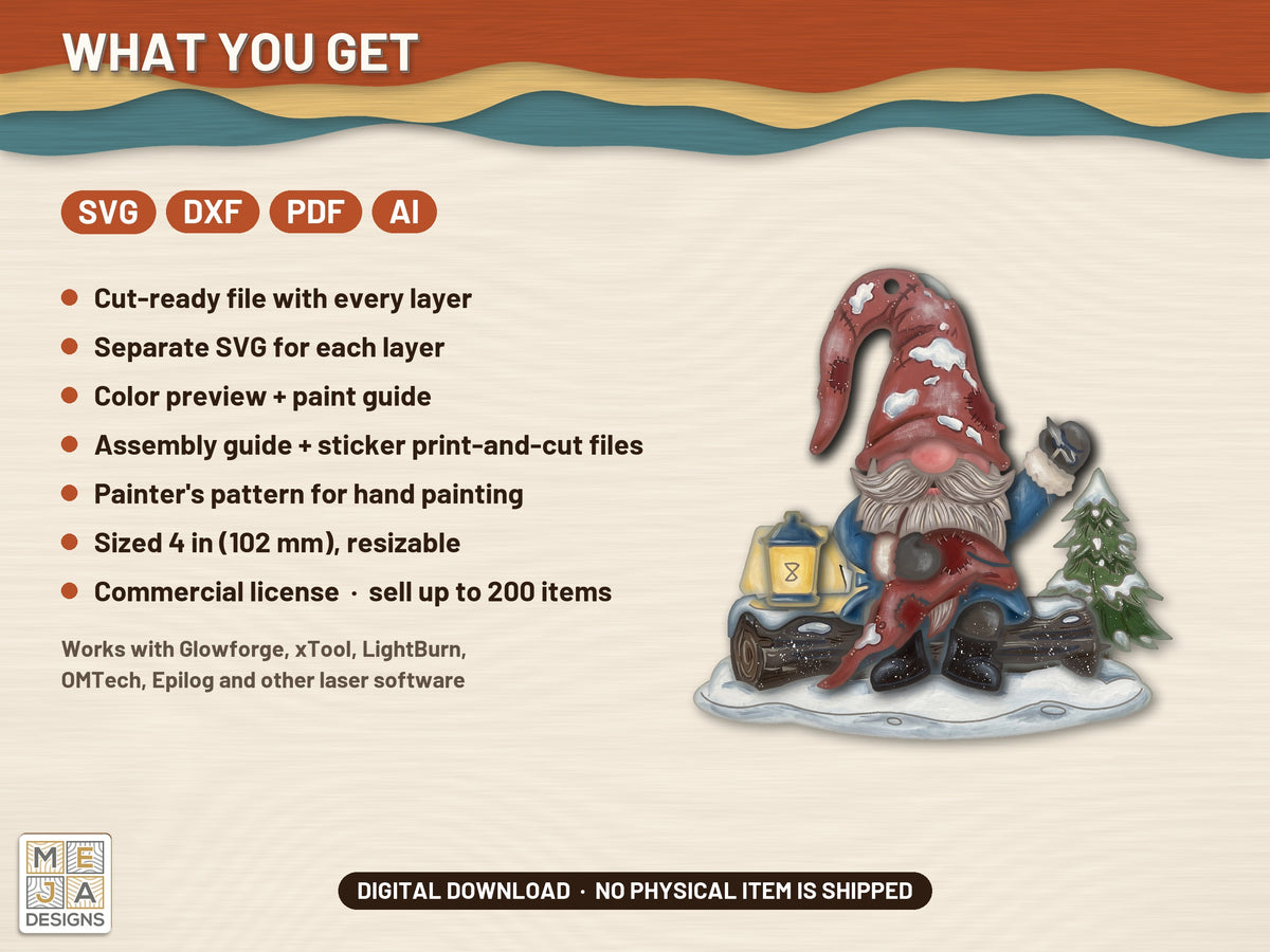 Gnome Patching Hat Ornament laser cut file: what the download holds
