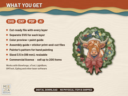 Highland Cow Wreath Ornament laser cut file: what the download holds
