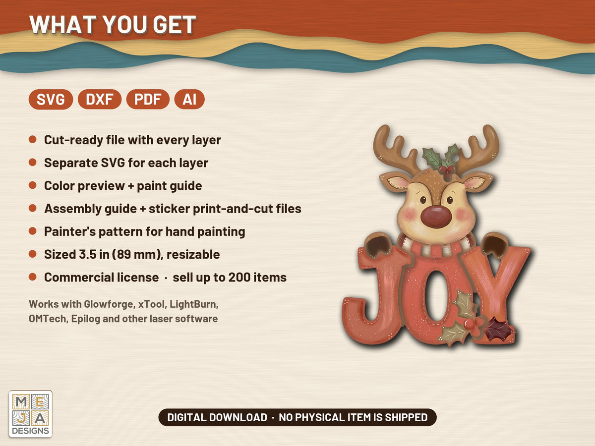 Reindeer JOY Ornament laser cut file: what the download holds