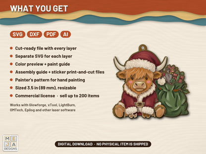 Highland Cow Santa Ornament laser cut file: what the download holds