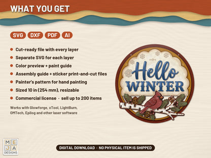 Hello Winter Cardinal Sign laser cut file: what the download holds