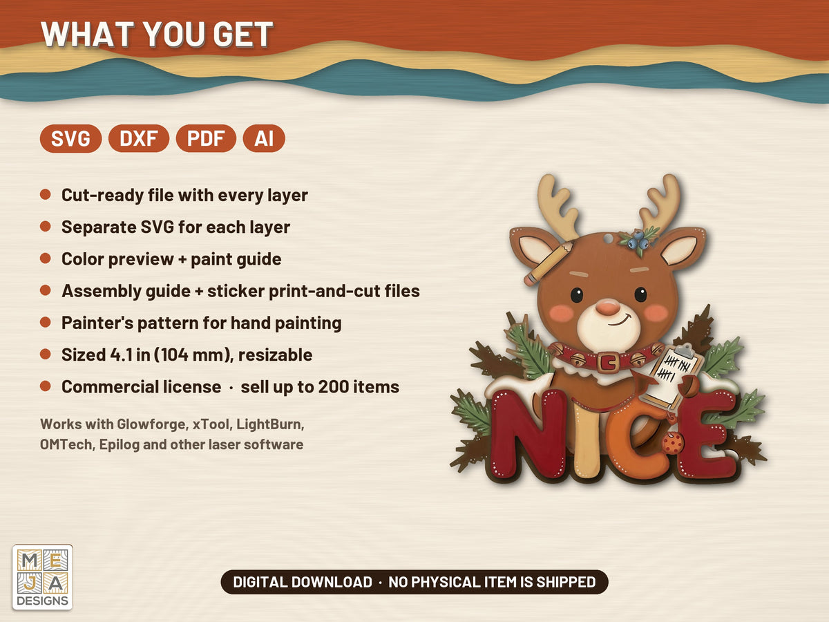 Nice List Reindeer Ornament laser cut file: what the download holds