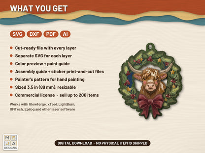 Highland Cow Wreath Ornament laser cut file: what the download holds