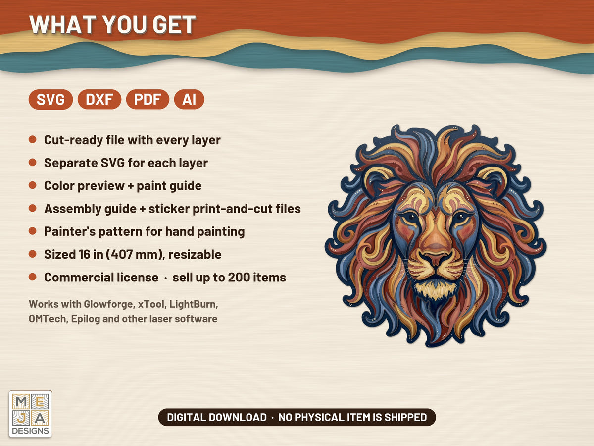 Swirl Lion Head Sign laser cut file: what the download holds