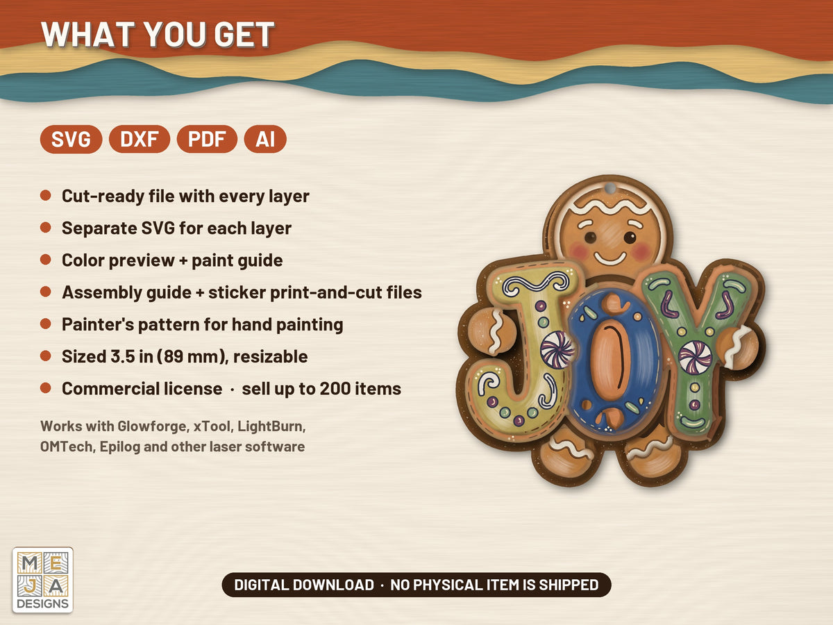 Gingerbread JOY Ornament laser cut file: what the download holds